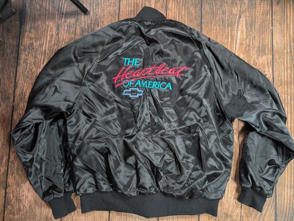 Vtg Chevrolet Jacket Large Black Satin Bomber Chevy Heartbeat Of America 80s